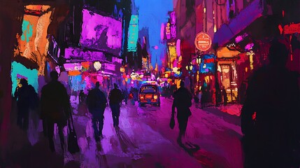 Vibrant nightlife scene in a bustling city street, depicted in a painterly style with silhouettes of people walking amidst glowing neon signs and illuminated buildings.