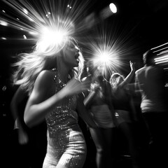 Woman dancing wildly at a disco party, motion blur.