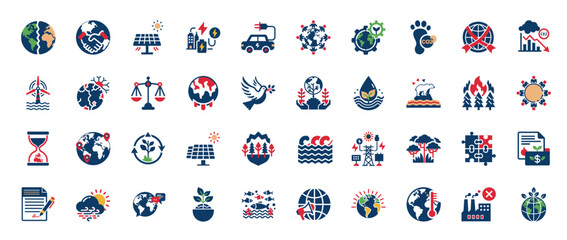 environmental issues alternative energy set, flat design icons, climate change  pollution deforestation global warming, dioxide footprint development carbon