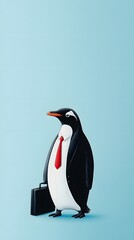 Fototapeta premium A penguin in a black suit and red tie, standing confidently with a briefcase, against a light blue background with plenty of empty space.