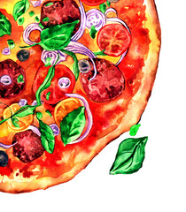 watercolor drawing of pizza on white