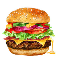 watercolor sketch of burger on white background