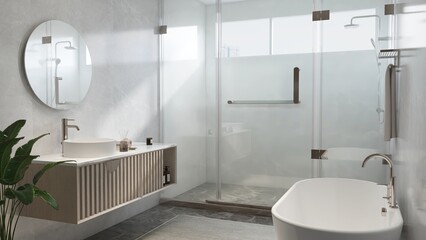 Modern, luxury bathroom with marble vanity counter, white washbasin, round mirror, glass partition to shower enclosure, bathtub, for interior design decoration, toiletries product background 3D