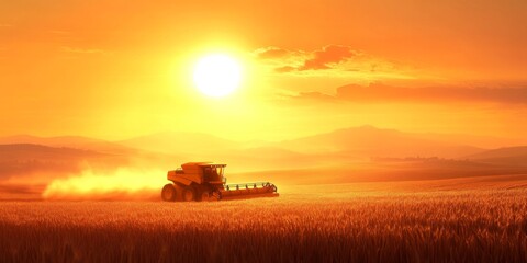 Fototapeta premium Golden Sunset Over Wheat Field with Combine Harvester in Action, Capturing the Essence of Agriculture and Nature’s Beauty in Silhouette
