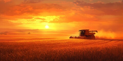 Fototapeta premium Golden Wheat Field at Sunset with Tractor Harvesting under a Vibrant Sky, Scenic Agricultural Landscape, Warm Light and Natural Beauty