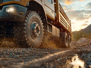 Off-road truck driving through muddy terrain at sunset action shot natural environment dynamic viewpoint