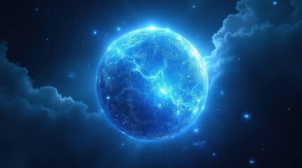 A glowing blue energy sphere with dynamic textures and swirling patterns, emitting a futuristic and cosmic aura.