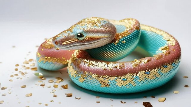 金箔を被った、かわいい蛇の3Dアニメーション  巳のデジタル年賀状素材  4K