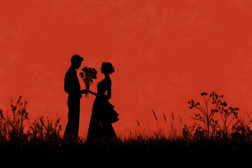 Romantic silhouette of a couple exchanging flowers against a vibrant sunset backdrop