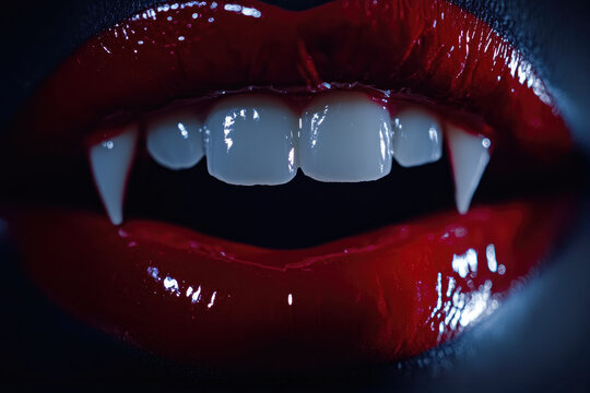 red lips with sharp vampire fangs
