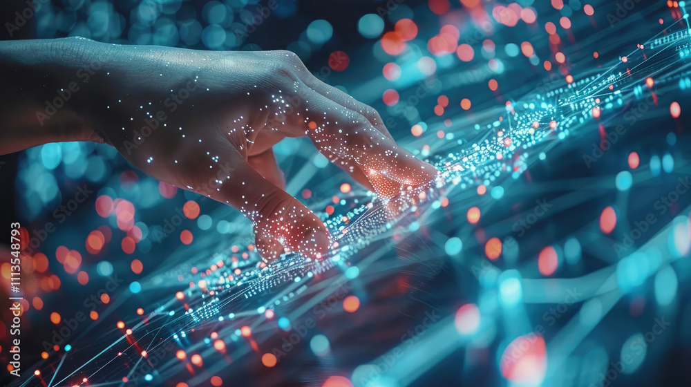 Poster Hands of person touching big data of Global network connection.