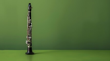 A clarinet positioned on a bright green table