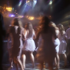 Blurred women dancing in nightclub.