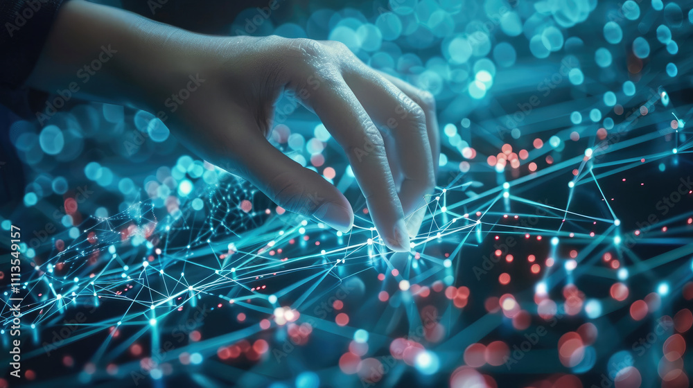 Poster Hands of person touching big data of Global network connection.