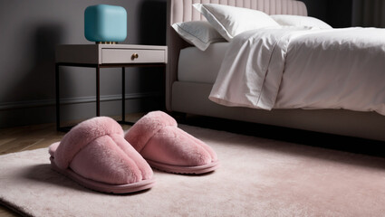  serene and inviting bedroom with a pair of light pink fuzzy slippers placed beside a minimalist bed. The slippers are soft and plush, with a subtle texture that emphasizes their coziness. 