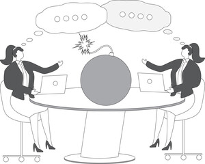 Negotiations and Threats, Unfair Competition, Difficult Relationships, Tense Relationships Negotiations or Conversations, Businesswoman Sitting at a Table with a Bomb, Conversations