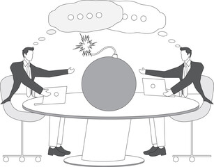 Negotiations and Threats, Unfair Competition, Difficult Relationships, Tense Relationships Negotiations or Conversations, Businessman Sitting at a Table with a Bomb, Conversations