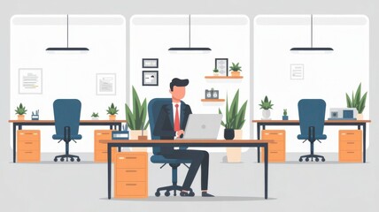 Flat Illustration of Cartoon Character Office Workplace Meeting Room with laptop Desk Chair Meeting
