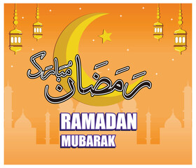 Ramadan Mubarak Celebration Card With calligraphy writing and Crescent Moon. 