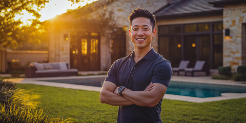 An Attractive Younger Asian Man Poses in Front of His Luxury Home