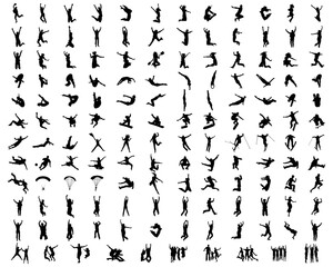 Black silhouettes of jumping people on a black background	