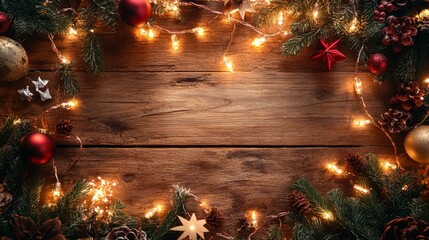 Festive Christmas Decor with Lights and Pinecones on Wooden Background