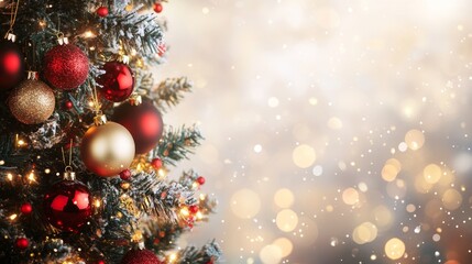 Obraz premium Festive Christmas Tree with Ornaments and Soft Bokeh Background