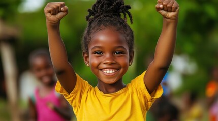 Children are joyfully smiling and celebrating at a lively community event in the park, enjoying the warm weather and vibrant atmosphere