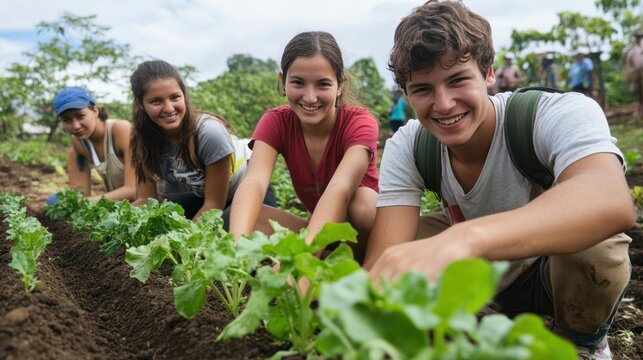 Happy young people building localized farming systems for sustainable communities