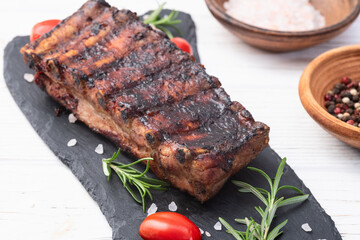 Grilled Pork ribs barbecue photography . Top view