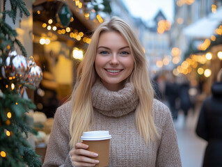 Smiling blonde woman holding coffee at a Christmas market.