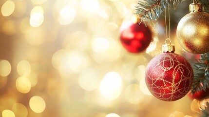 Fototapeta premium Festive Christmas Ornaments Hanging on Glittering Tree Branch