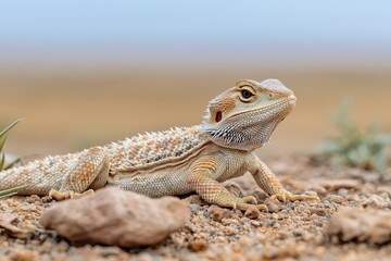 Fototapeta premium Detailed Close-Up of a Bearded Dragon on a Sandy Terrain