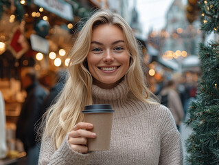 Smiling blonde woman holding coffee at an outdoor Christmas market.