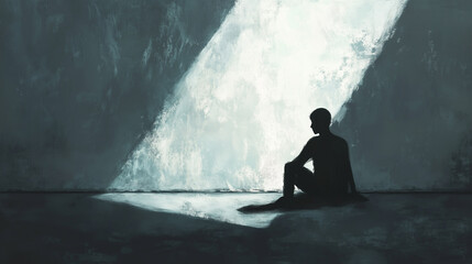 Fototapeta premium Silent Struggle: A Solitary Figure in a Dark Room, Battling Hope and Despair