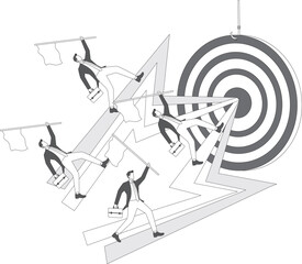 Focus and ambition for mission goals, obsessive pursuit and competition, determination to achieve goals or accomplishments, equidistant four businessmen running with flags to targets