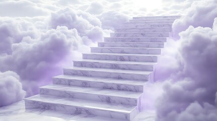 White marble steps surrounded by soft lavender clouds leading to an unseen destination in the sky, with shimmering light illuminating the path.