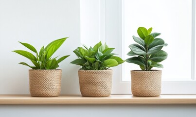 Fototapeta premium Indoor plants arranged in decorative pots on a windowsill with natural light
