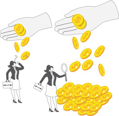 Capitalist exploiting class, hierarchy, gap between rich and poor, inequality of income, bidding for projects to be outsourced or distributed, a big pile of gold coins filtered through layers and laye