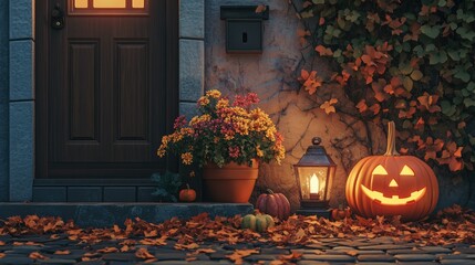 Obraz premium A cozy autumn scene featuring a carved pumpkin, flowers, and a lantern on a doorstep.