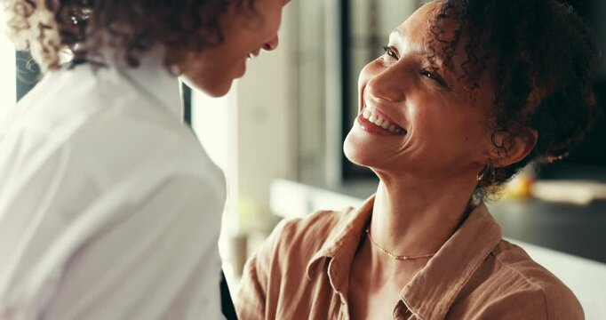 Care, happy mother and kid in school uniform in home for support, forehead touch or family with pride for first day. Child, mom and student ready for education, learning or morning routine for love