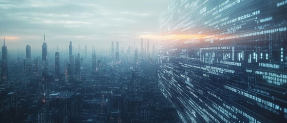 Obraz premium Futuristic Cityscape with Digital Data Streams and Skyscrapers at Sunset