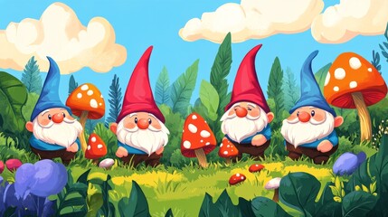 Naklejka premium Gnomes in a vibrant garden with mushrooms and wildflowers during a sunny day