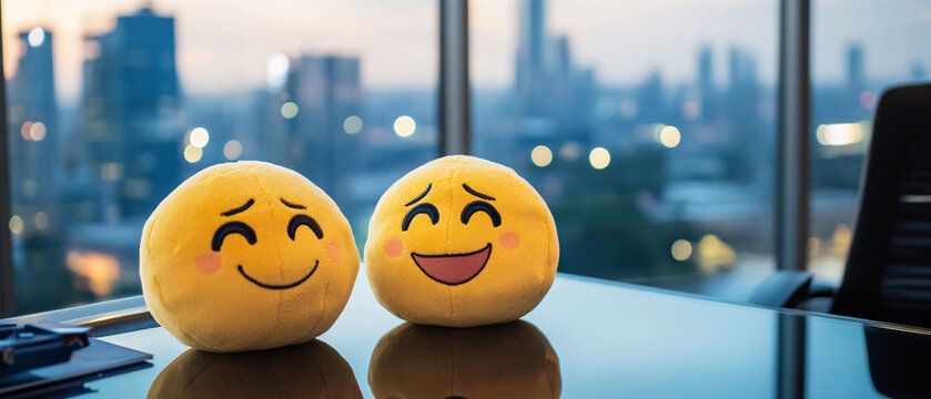 Two Happy Emojis Smiling on Desk in Modern Office with City View - Powered by Adobe