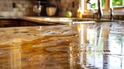 Greasy Kitchen Counter: A countertop with streaks of oil and food crumbs, releasing a faint, unpleasant smell of overcooked grease that fills the kitchen.

