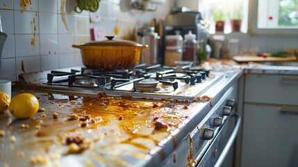 Greasy Kitchen Counter: The countertop is covered in visible oil streaks and food crumbs, with a faint smell of overcooked grease lingering in the air.
