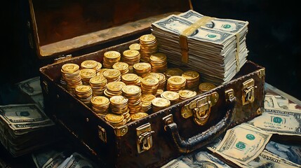 Vintage suitcase overflowing with gold coins and stacks of dollar bills.