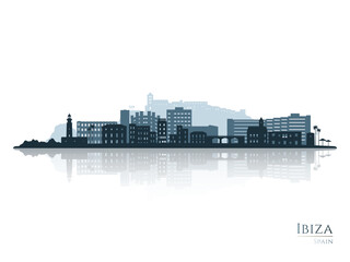 Ibiza skyline silhouette with reflection. Landscape Ibiza, Spain. Vector illustration.