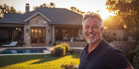 An Attractive Older Man Poses in Front of His Luxury Home
