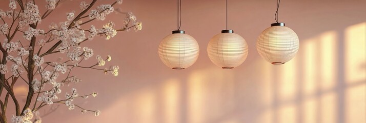 Soft pink lanterns hang gracefully among cherry blossoms in a serene setting